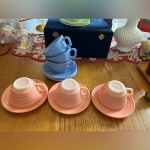 HAZEL ATLAS Moderntone Platonite Pastel Pink Tea Coffee Cup & Saucer, Set 3